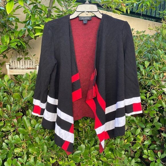 St. John Black Striped Wool Blend Draped Waterfall Open Front Cardigan Sweater M - Picture 1 of 5